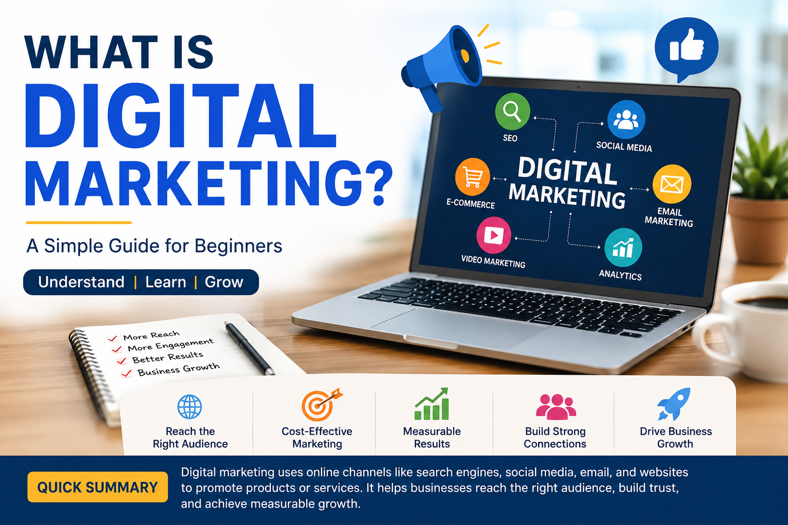 What is digital marketing – guide showing SEO, social media, email marketing, analytics, and online advertising